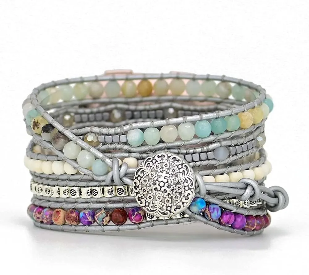 Compatible with Fitbit Versa/Versa 2/Versa Lite/Versa SE Bands Boho Beads Bracelets,Multilayer 5 Wraps Chakra Leather Handmade Braided Stone Love Heart Floral Rope Watch Strap for Women Men