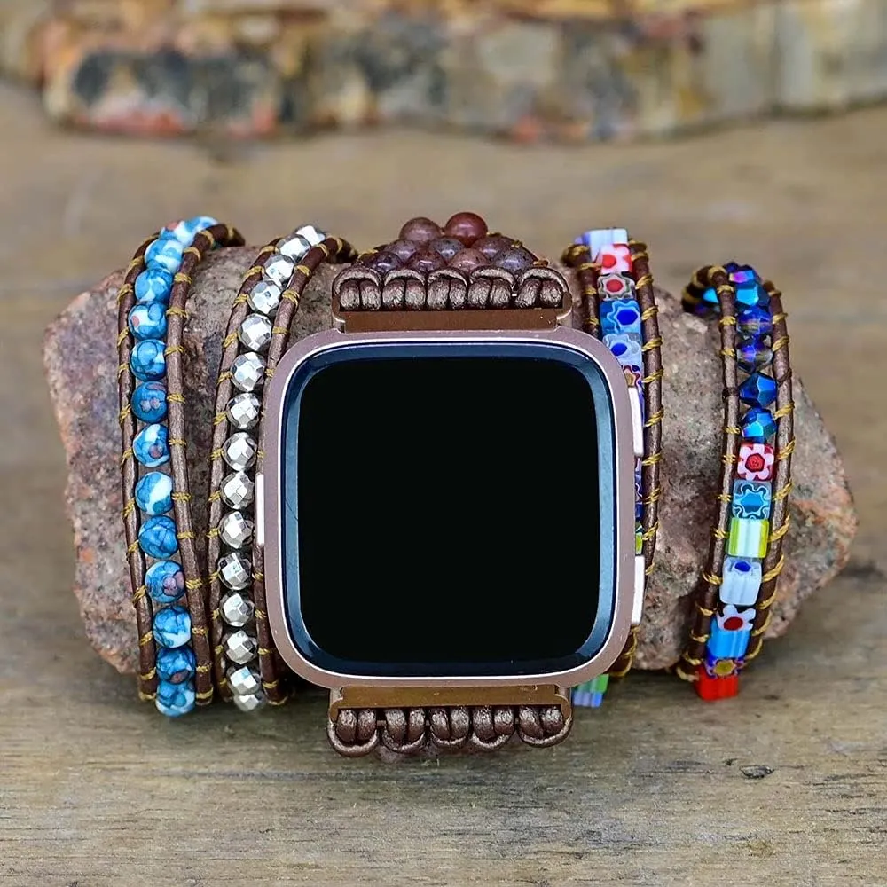 Compatible with Fitbit Versa/Versa 2/Versa Lite/Versa SE Bands Boho Beads Bracelets,Multilayer 5 Wraps Chakra Leather Handmade Braided Stone Love Heart Floral Rope Watch Strap for Women Men