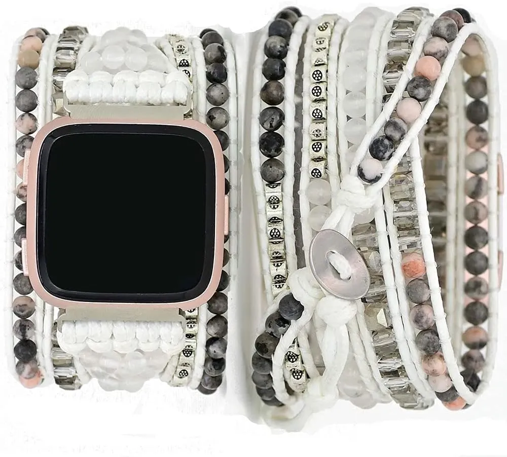 Compatible with Fitbit Versa/Versa 2/Versa Lite/Versa SE Bands Boho Beads Bracelets,Multilayer 5 Wraps Chakra Leather Handmade Braided Stone Love Heart Floral Rope Watch Strap for Women Men