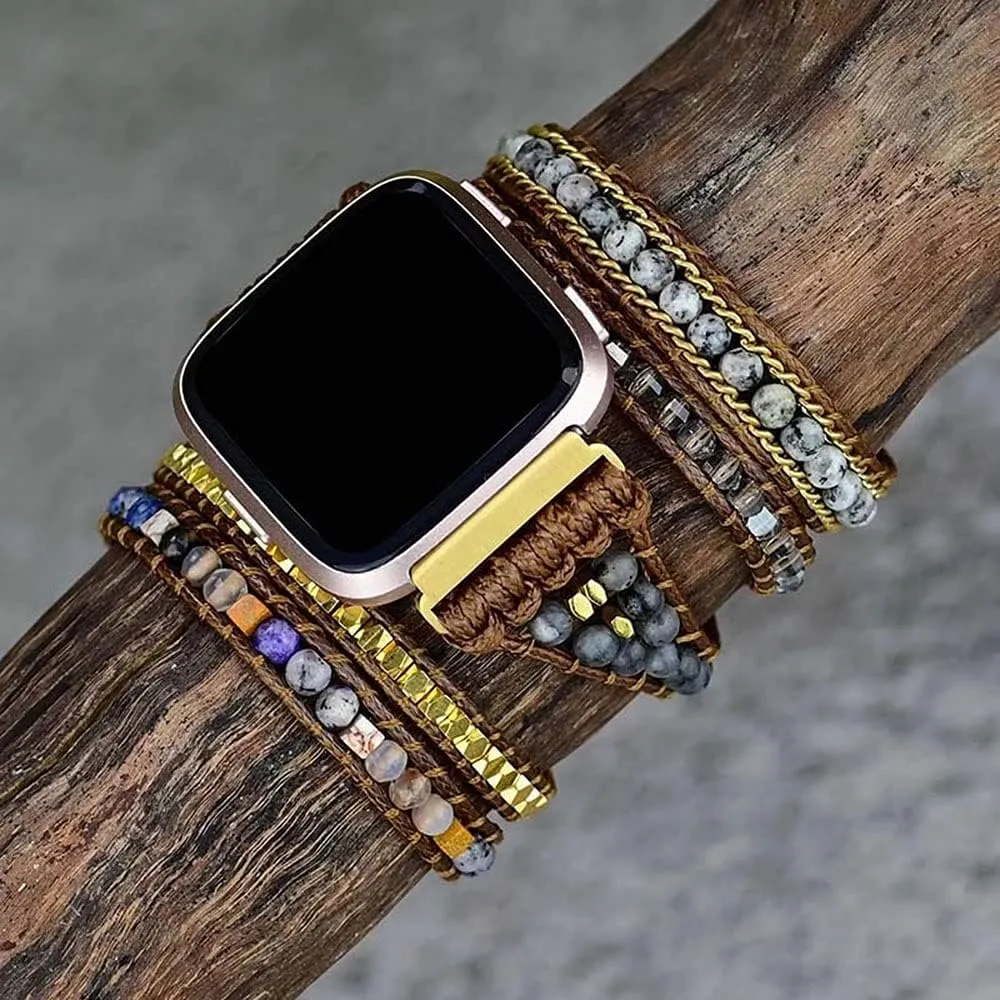 Compatible with Fitbit Versa/Versa 2/Versa Lite/Versa SE Bands Boho Beads Bracelets,Multilayer 5 Wraps Chakra Leather Handmade Braided Stone Love Heart Floral Rope Watch Strap for Women Men