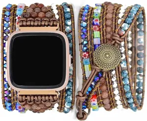 Compatible with Fitbit Versa/Versa 2/Versa Lite/Versa SE Bands Boho Beads Bracelets,Multilayer 5 Wraps Chakra Leather Handmade Braided Stone Love Heart Floral Rope Watch Strap for Women Men