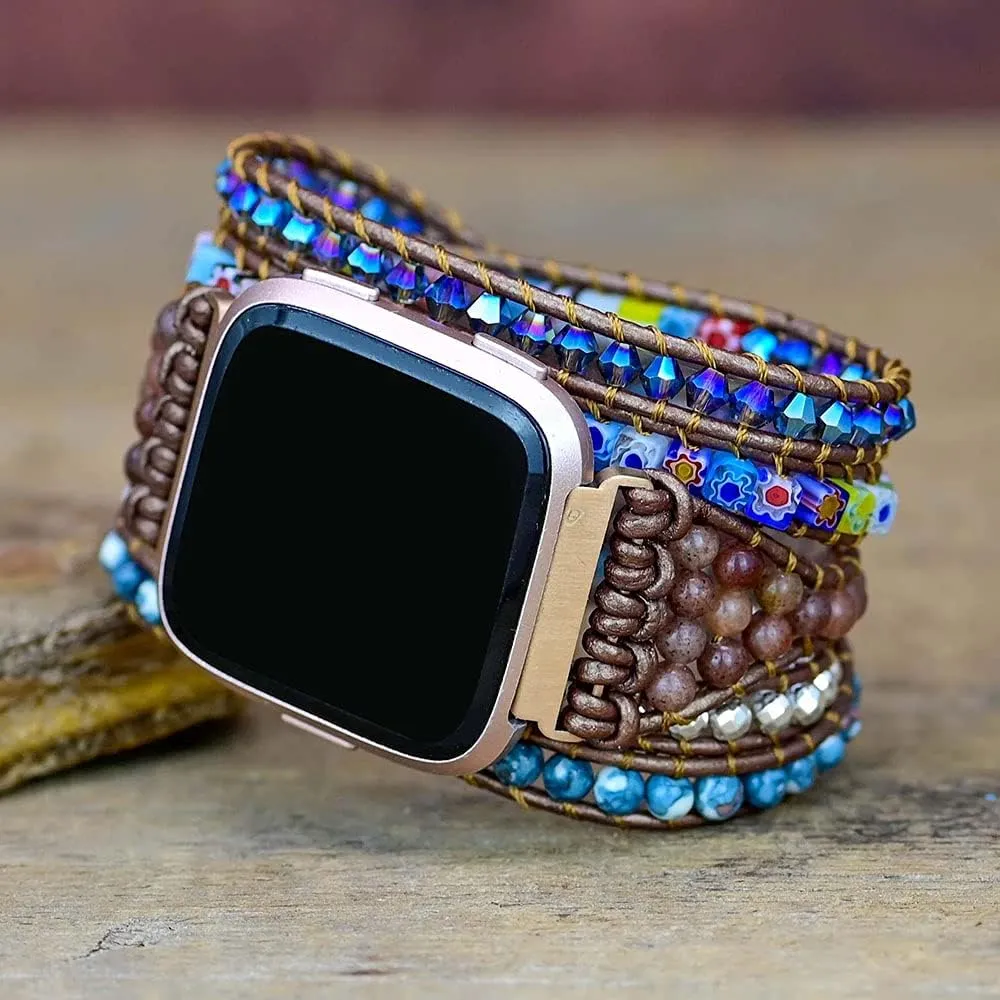 Compatible with Fitbit Versa/Versa 2/Versa Lite/Versa SE Bands Boho Beads Bracelets,Multilayer 5 Wraps Chakra Leather Handmade Braided Stone Love Heart Floral Rope Watch Strap for Women Men