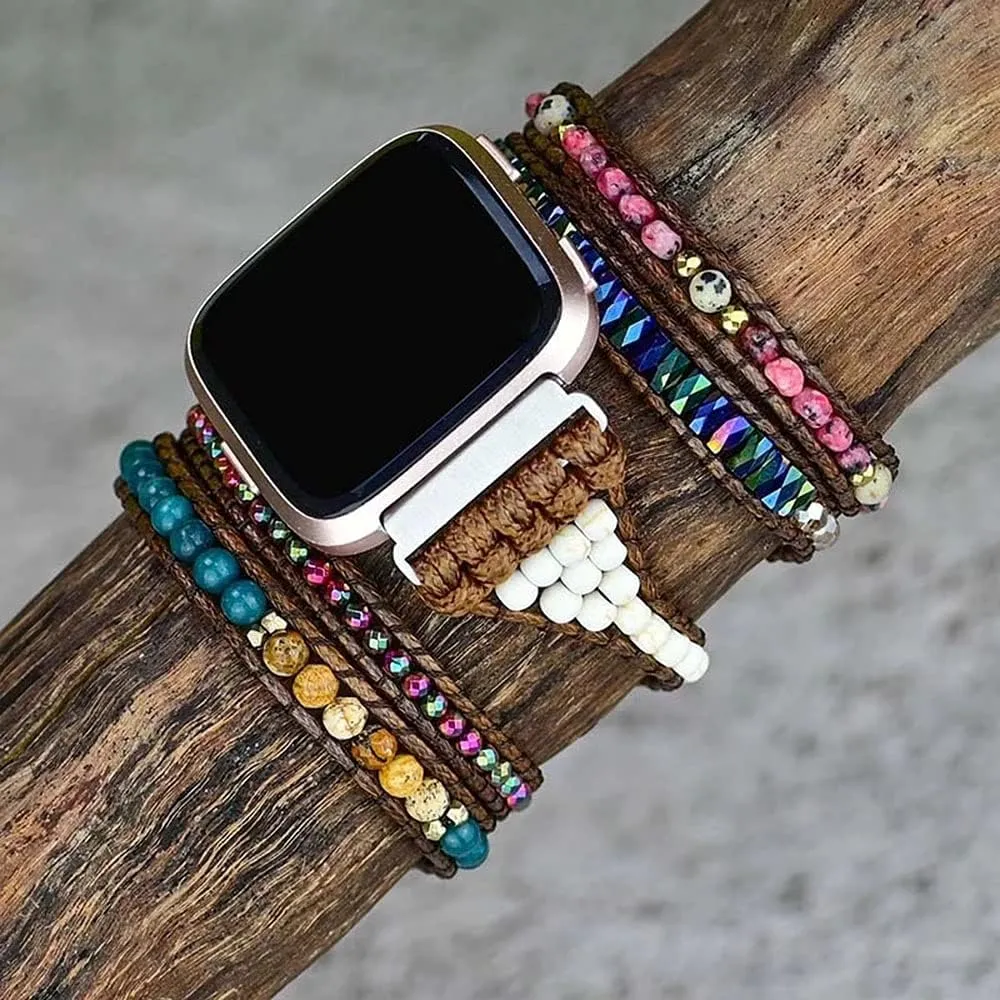 Compatible with Fitbit Versa/Versa 2/Versa Lite/Versa SE Bands Boho Beads Bracelets,Multilayer 5 Wraps Chakra Leather Handmade Braided Stone Love Heart Floral Rope Watch Strap for Women Men