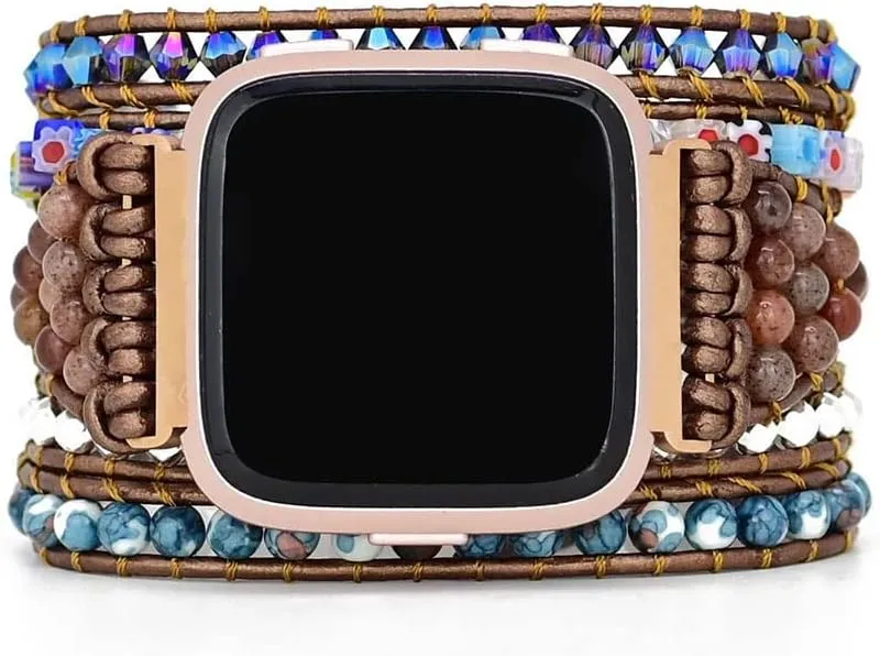 Compatible with Fitbit Versa/Versa 2/Versa Lite/Versa SE Bands Boho Beads Bracelets,Multilayer 5 Wraps Chakra Leather Handmade Braided Stone Love Heart Floral Rope Watch Strap for Women Men