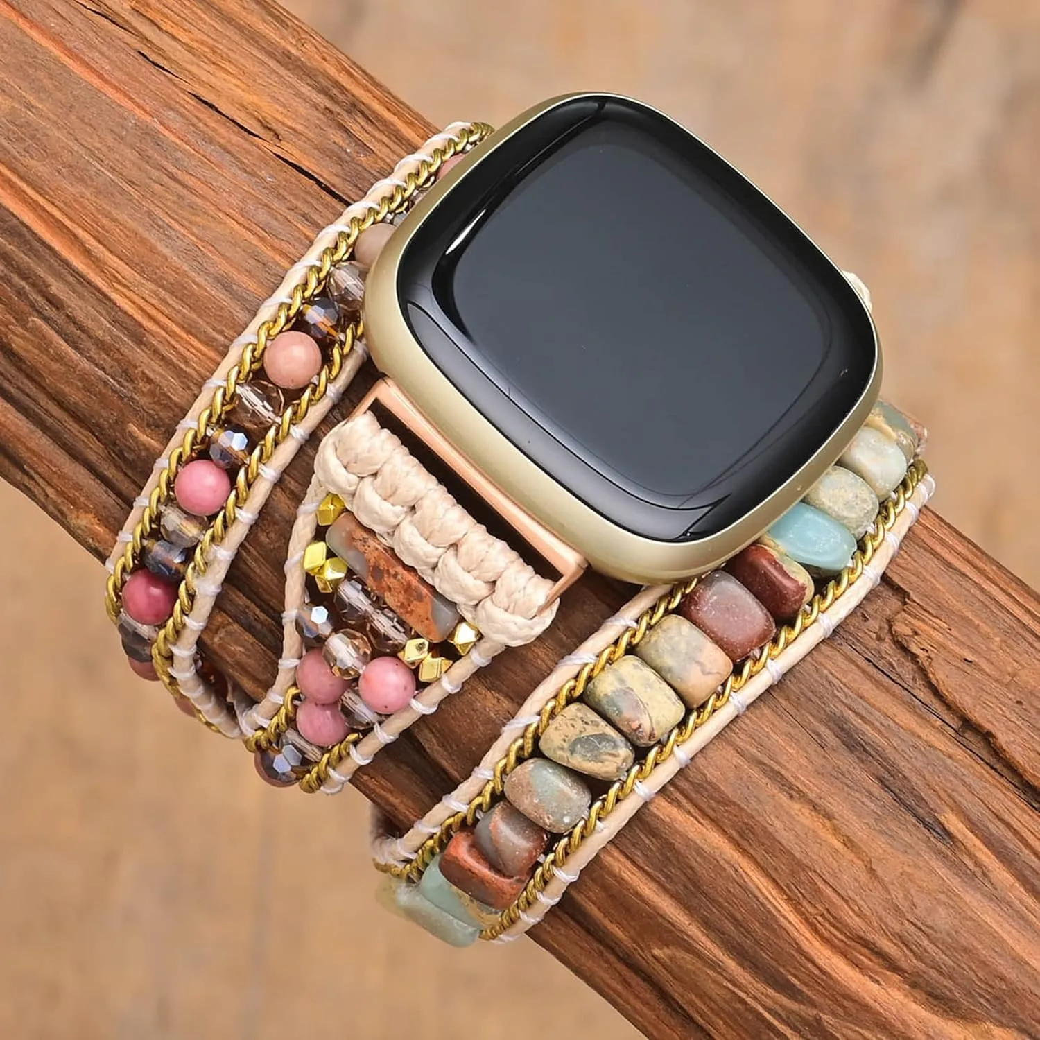 Compatible with Fitbit Versa/Versa 2/Versa Lite/Versa SE Bands Boho Beads Bracelets,Multilayer 5 Wraps Chakra Leather Handmade Braided Stone Love Heart Floral Rope Watch Strap for Women Men