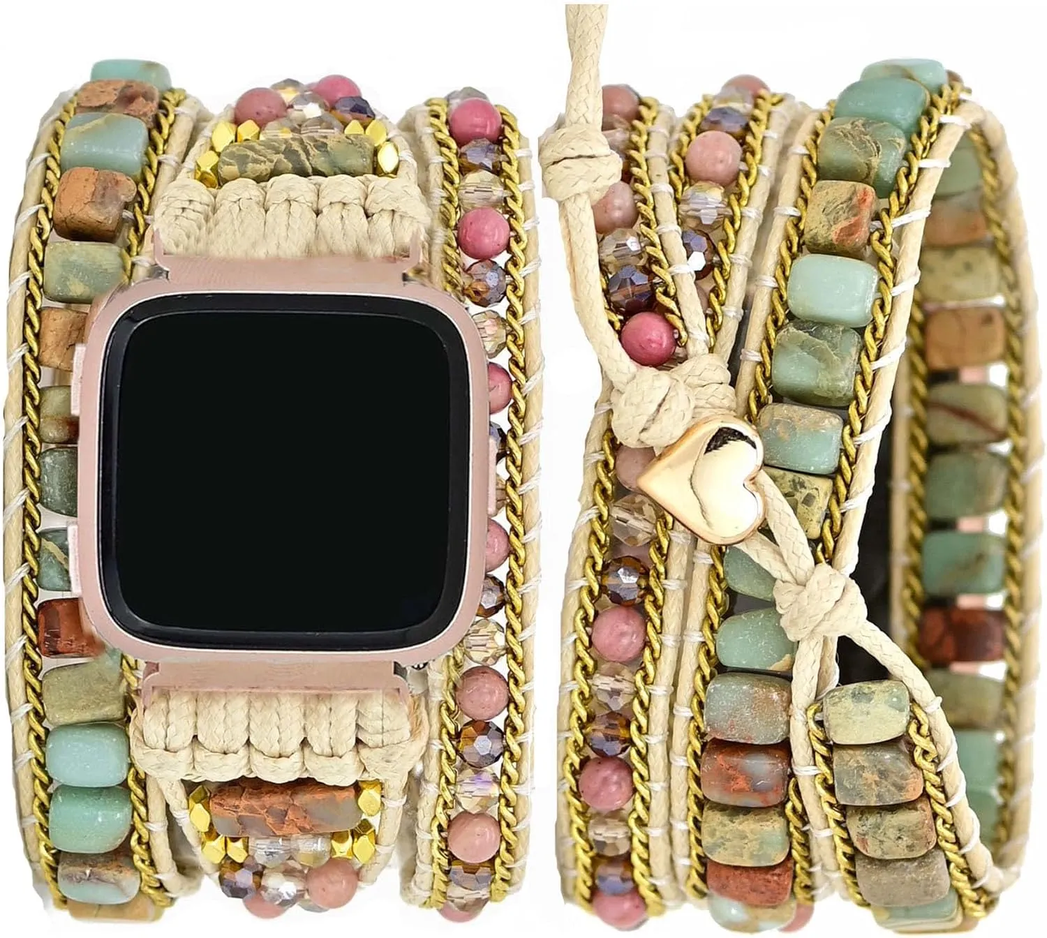 Compatible with Fitbit Versa/Versa 2/Versa Lite/Versa SE Bands Boho Beads Bracelets,Multilayer 5 Wraps Chakra Leather Handmade Braided Stone Love Heart Floral Rope Watch Strap for Women Men