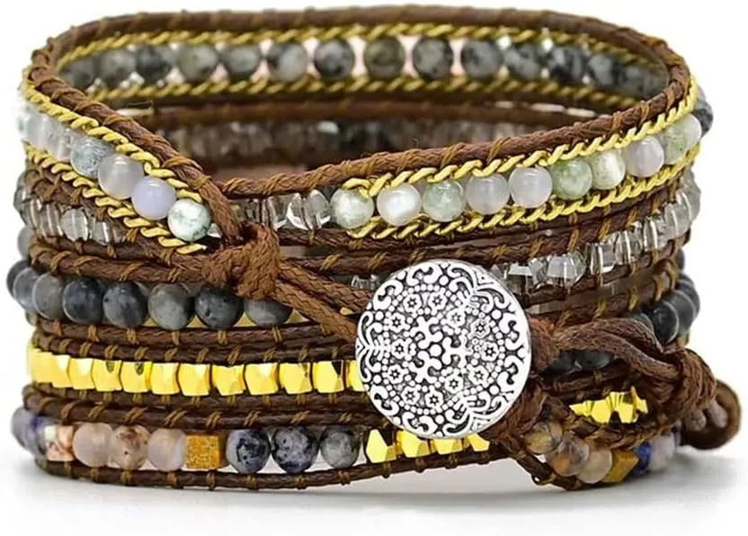 Compatible with Fitbit Versa/Versa 2/Versa Lite/Versa SE Bands Boho Beads Bracelets,Multilayer 5 Wraps Chakra Leather Handmade Braided Stone Love Heart Floral Rope Watch Strap for Women Men