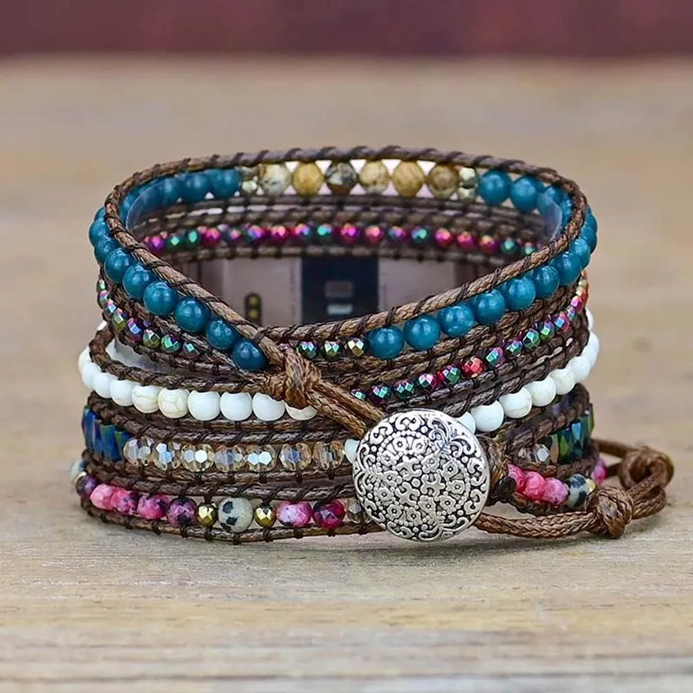 Compatible with Fitbit Versa/Versa 2/Versa Lite/Versa SE Bands Boho Beads Bracelets,Multilayer 5 Wraps Chakra Leather Handmade Braided Stone Love Heart Floral Rope Watch Strap for Women Men