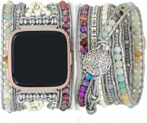 Compatible with Fitbit Versa/Versa 2/Versa Lite/Versa SE Bands Boho Beads Bracelets,Multilayer 5 Wraps Chakra Leather Handmade Braided Stone Love Heart Floral Rope Watch Strap for Women Men