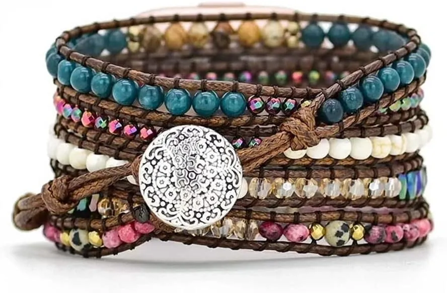 Compatible with Fitbit Versa/Versa 2/Versa Lite/Versa SE Bands Boho Beads Bracelets,Multilayer 5 Wraps Chakra Leather Handmade Braided Stone Love Heart Floral Rope Watch Strap for Women Men