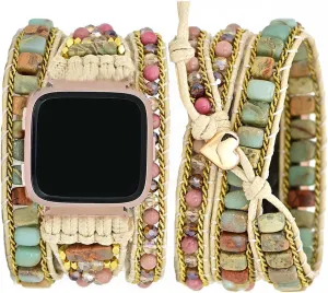 Compatible with Fitbit Versa/Versa 2/Versa Lite/Versa SE Bands Boho Beads Bracelets,Multilayer 5 Wraps Chakra Leather Handmade Braided Stone Love Heart Floral Rope Watch Strap for Women Men