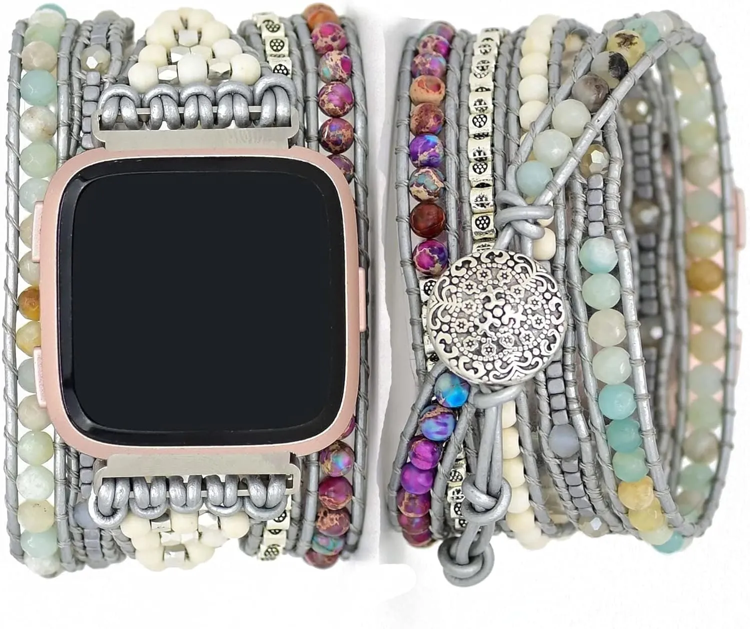 Compatible with Fitbit Versa/Versa 2/Versa Lite/Versa SE Bands Boho Beads Bracelets,Multilayer 5 Wraps Chakra Leather Handmade Braided Stone Love Heart Floral Rope Watch Strap for Women Men