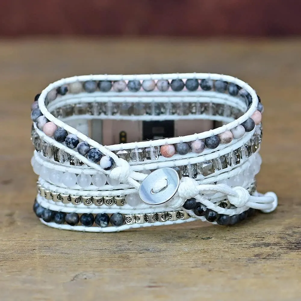Compatible with Fitbit Versa/Versa 2/Versa Lite/Versa SE Bands Boho Beads Bracelets,Multilayer 5 Wraps Chakra Leather Handmade Braided Stone Love Heart Floral Rope Watch Strap for Women Men