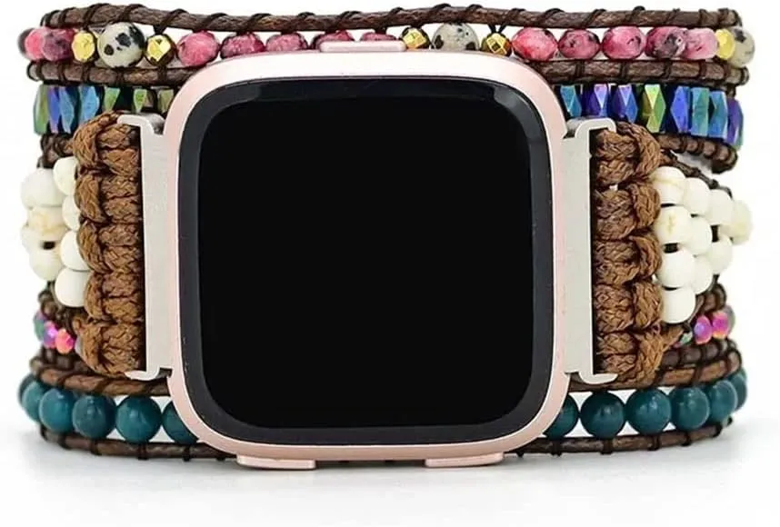 Compatible with Fitbit Versa/Versa 2/Versa Lite/Versa SE Bands Boho Beads Bracelets,Multilayer 5 Wraps Chakra Leather Handmade Braided Stone Love Heart Floral Rope Watch Strap for Women Men