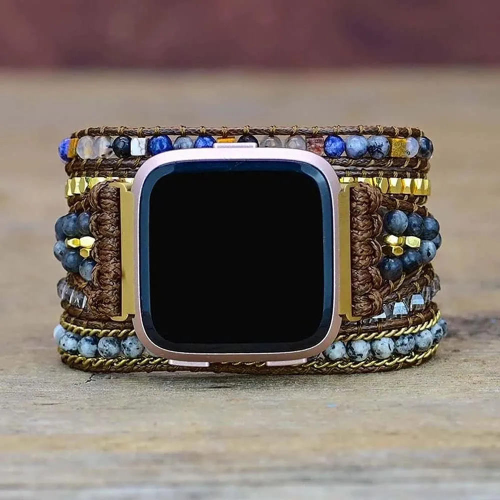 Compatible with Fitbit Versa/Versa 2/Versa Lite/Versa SE Bands Boho Beads Bracelets,Multilayer 5 Wraps Chakra Leather Handmade Braided Stone Love Heart Floral Rope Watch Strap for Women Men