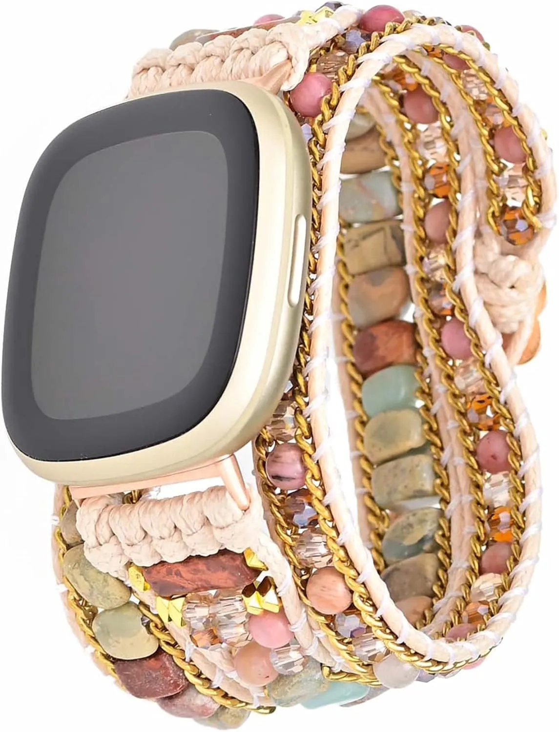 Compatible with Fitbit Versa/Versa 2/Versa Lite/Versa SE Bands Boho Beads Bracelets,Multilayer 5 Wraps Chakra Leather Handmade Braided Stone Love Heart Floral Rope Watch Strap for Women Men