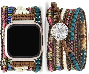 Compatible with Fitbit Versa/Versa 2/Versa Lite/Versa SE Bands Boho Beads Bracelets,Multilayer 5 Wraps Chakra Leather Handmade Braided Stone Love Heart Floral Rope Watch Strap for Women Men