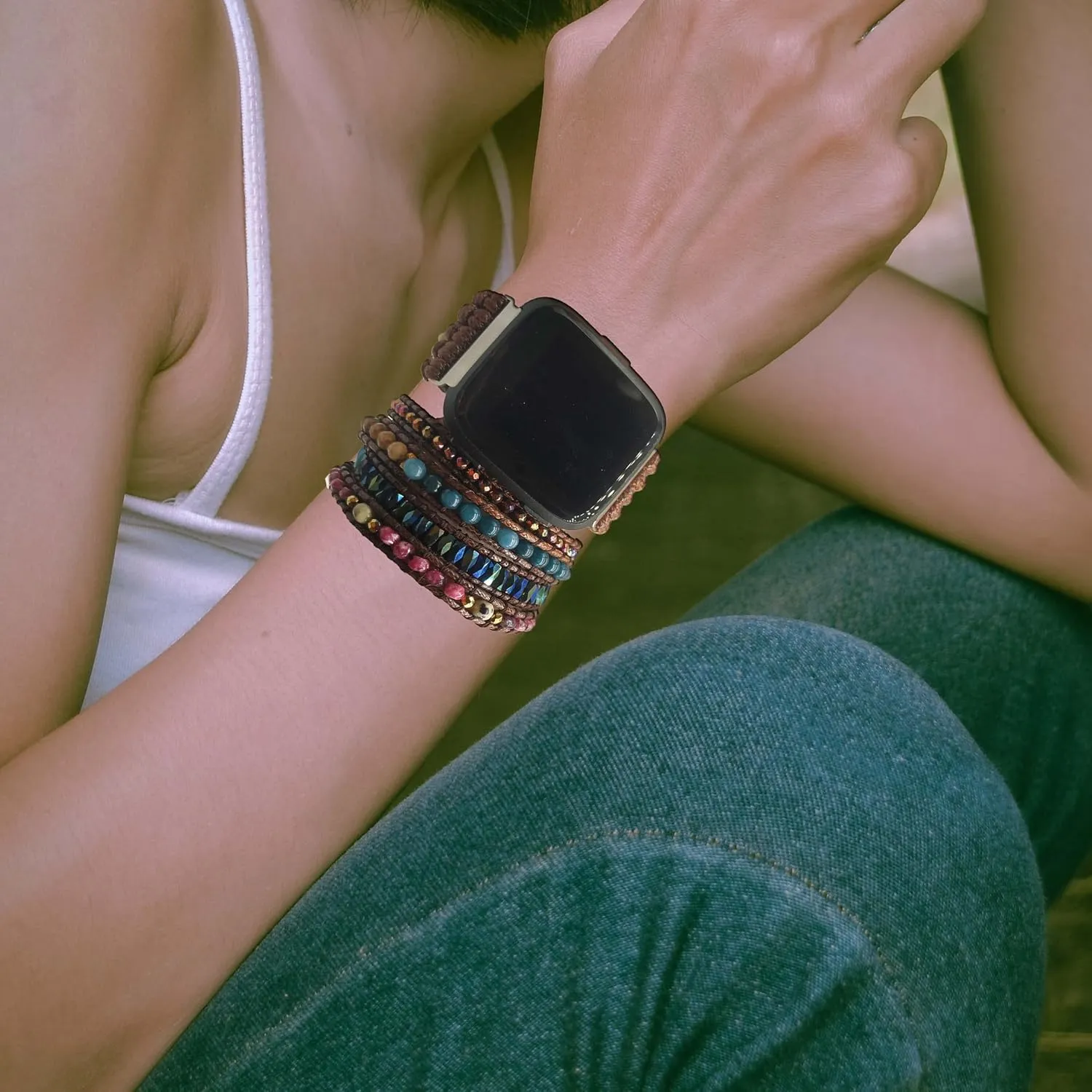 Compatible with Fitbit Versa/Versa 2/Versa Lite/Versa SE Bands Boho Beads Bracelets,Multilayer 5 Wraps Chakra Leather Handmade Braided Stone Love Heart Floral Rope Watch Strap for Women Men