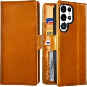 Compatible with Samsung Galaxy S25 Ultra Case – [Full Grain Cowhide Leather] [RFID Protection] [3 Cards and 1 Cash Pocket Wallet] [Magnetic Closure] [Build-in Kickstand] - Cognac