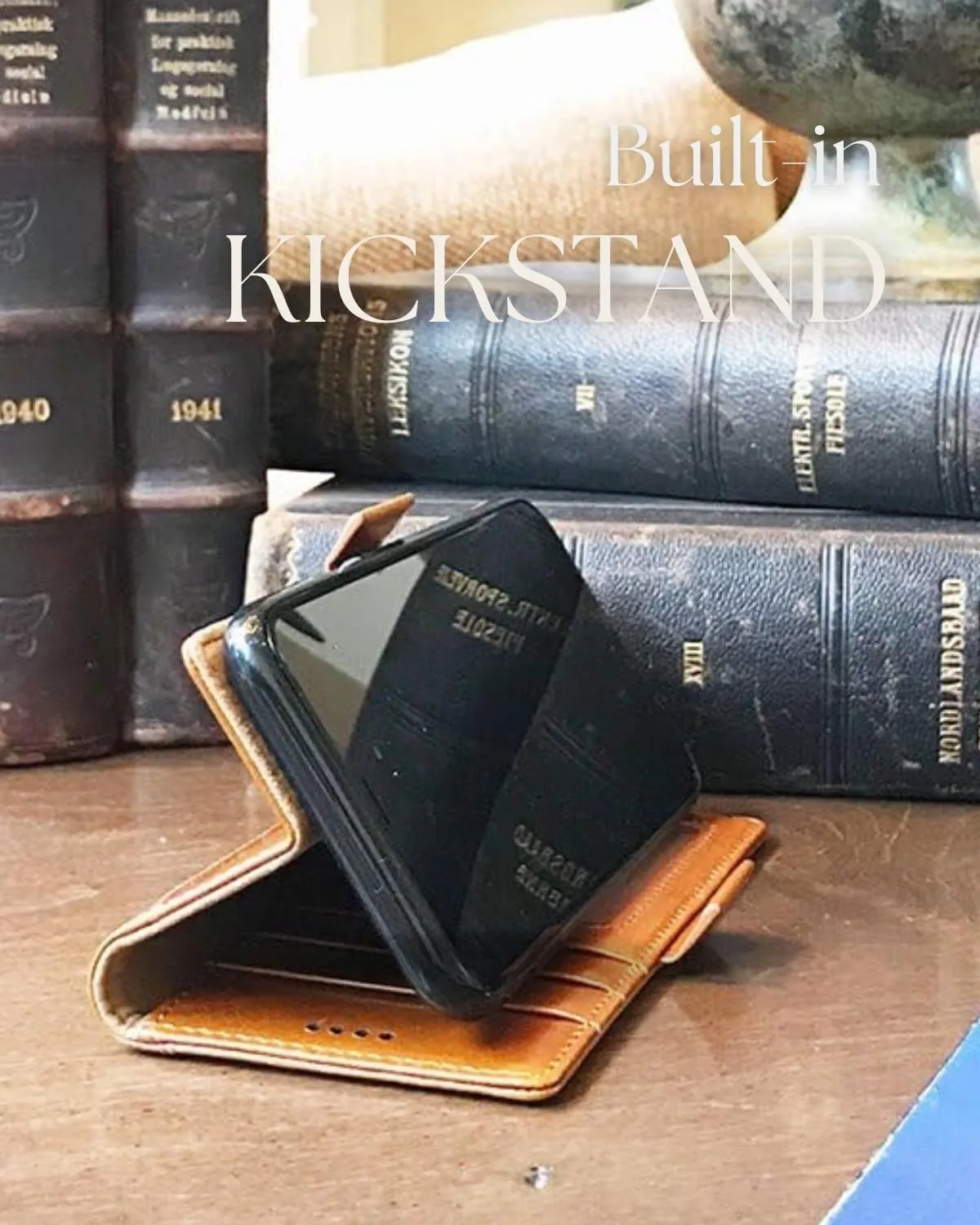 Compatible with Samsung Galaxy S25 Ultra Case – [Full Grain Cowhide Leather] [RFID Protection] [3 Cards and 1 Cash Pocket Wallet] [Magnetic Closure] [Build-in Kickstand] - Cognac