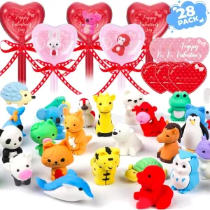 Coneatness Valentine's Day Gifts for Kids, 28 Pack Valentine Cards, Animal Pencil Erasers, Heart Shaped Bar Cases, Classroom Swaps, Preschool Party Favors, Desk Supplies, Pet Class Giveaways