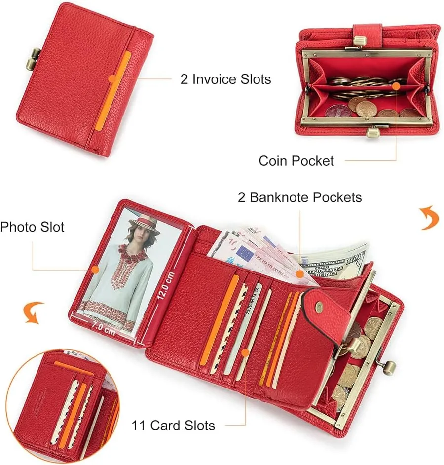 Contacts Full Grain Leather Kiss Lock Wallet for Women Small Kiss Clasp Coin Purse Red Bifold Card Holder with Rfid Blocking