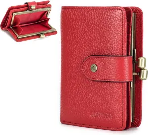 Contacts Full Grain Leather Kiss Lock Wallet for Women Small Kiss Clasp Coin Purse Red Bifold Card Holder with Rfid Blocking