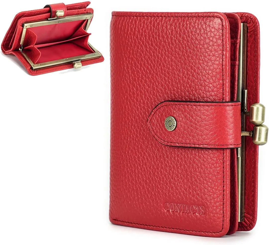 Contacts Full Grain Leather Kiss Lock Wallet for Women Small Kiss Clasp Coin Purse Red Bifold Card Holder with Rfid Blocking