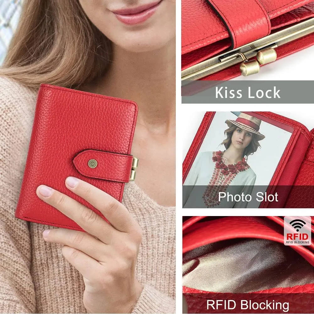 Contacts Full Grain Leather Kiss Lock Wallet for Women Small Kiss Clasp Coin Purse Red Bifold Card Holder with Rfid Blocking