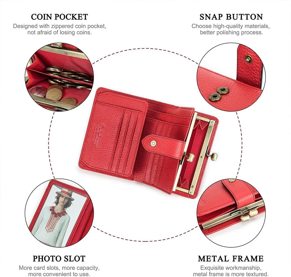 Contacts Full Grain Leather Kiss Lock Wallet for Women Small Kiss Clasp Coin Purse Red Bifold Card Holder with Rfid Blocking
