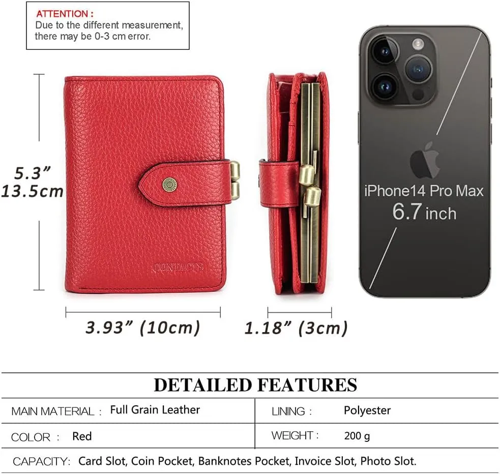 Contacts Full Grain Leather Kiss Lock Wallet for Women Small Kiss Clasp Coin Purse Red Bifold Card Holder with Rfid Blocking