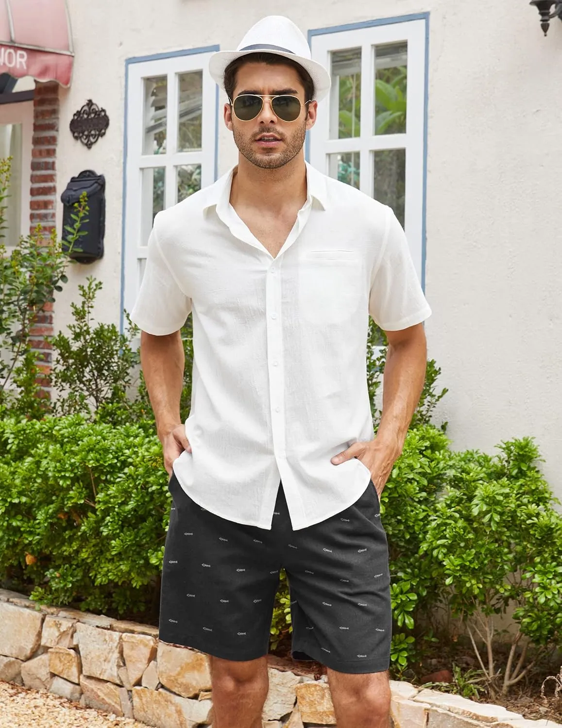 COOFANDY Men's Linen Shorts Casual Elastic Waist Drawstring Summer Beach Shorts