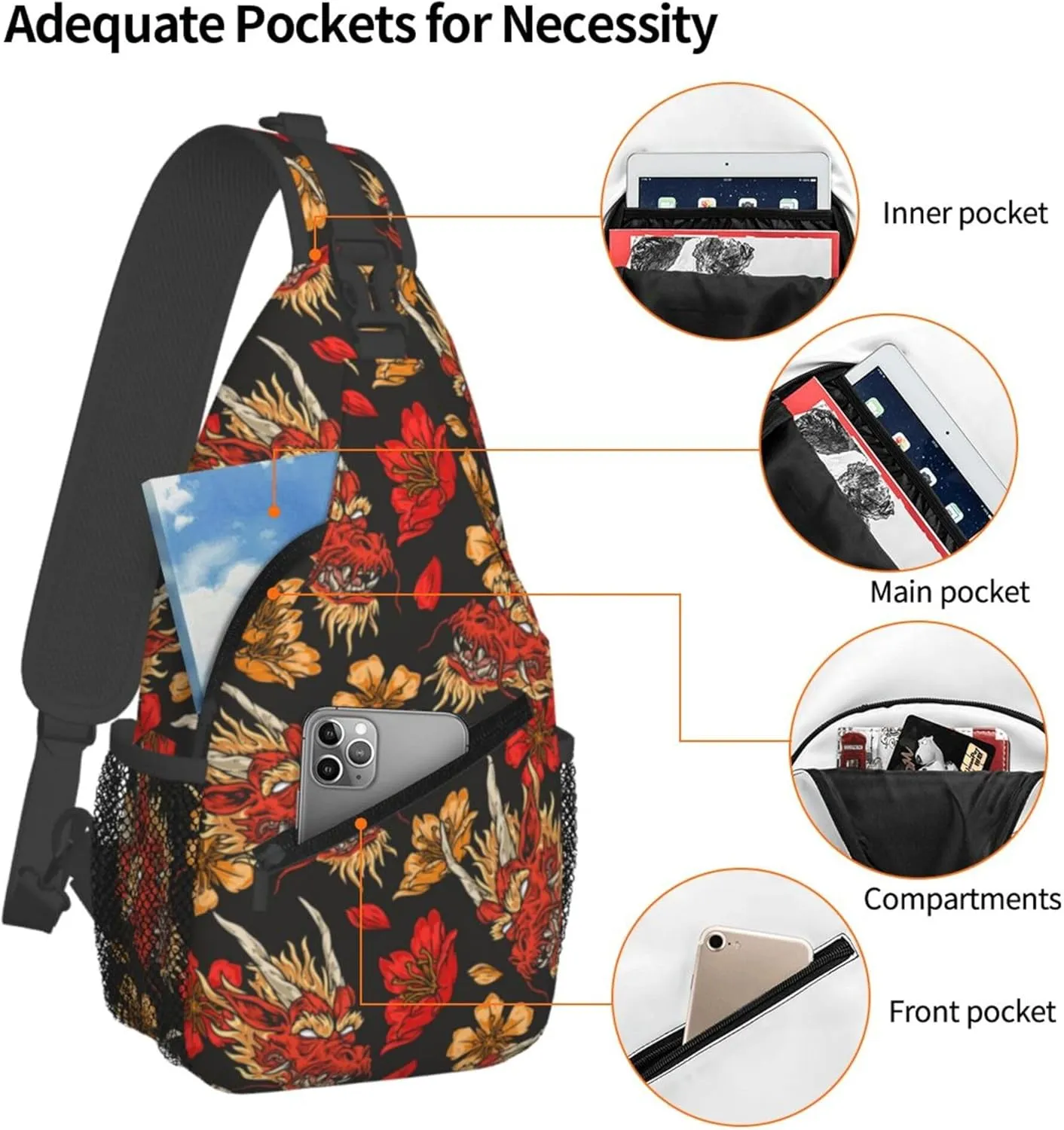 Cool Dragon Pattern Sling Backpack Crossbody Bag, Chest Bag Daypack for Outdoors Hiking Traveling