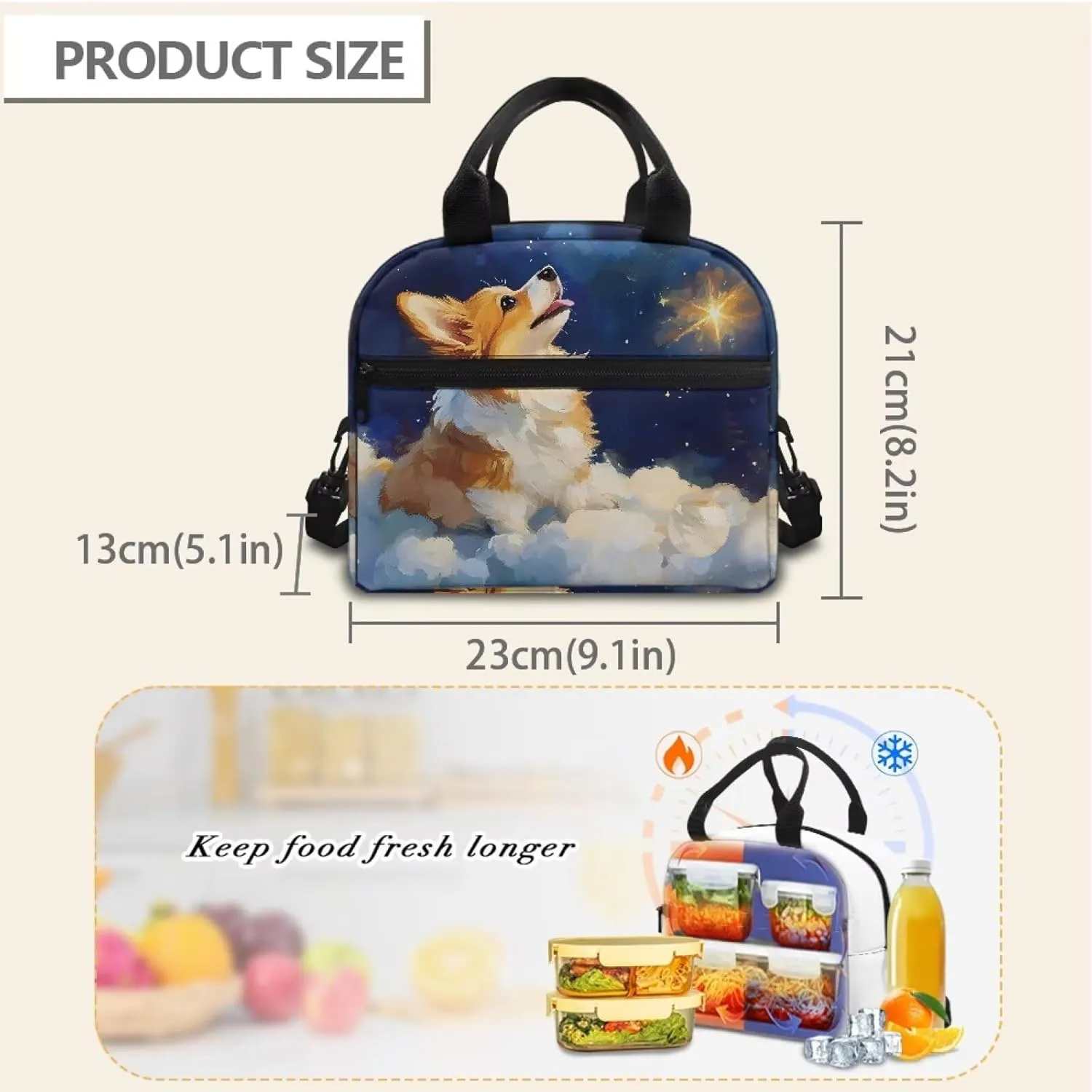 Corgi Lunch Bag Cooler Kawaii Animal Lunchbag with Detachable Shoulder Strap Reusable Lunchbox Pouch for Teens Girls Pratical Lunch Box Bags