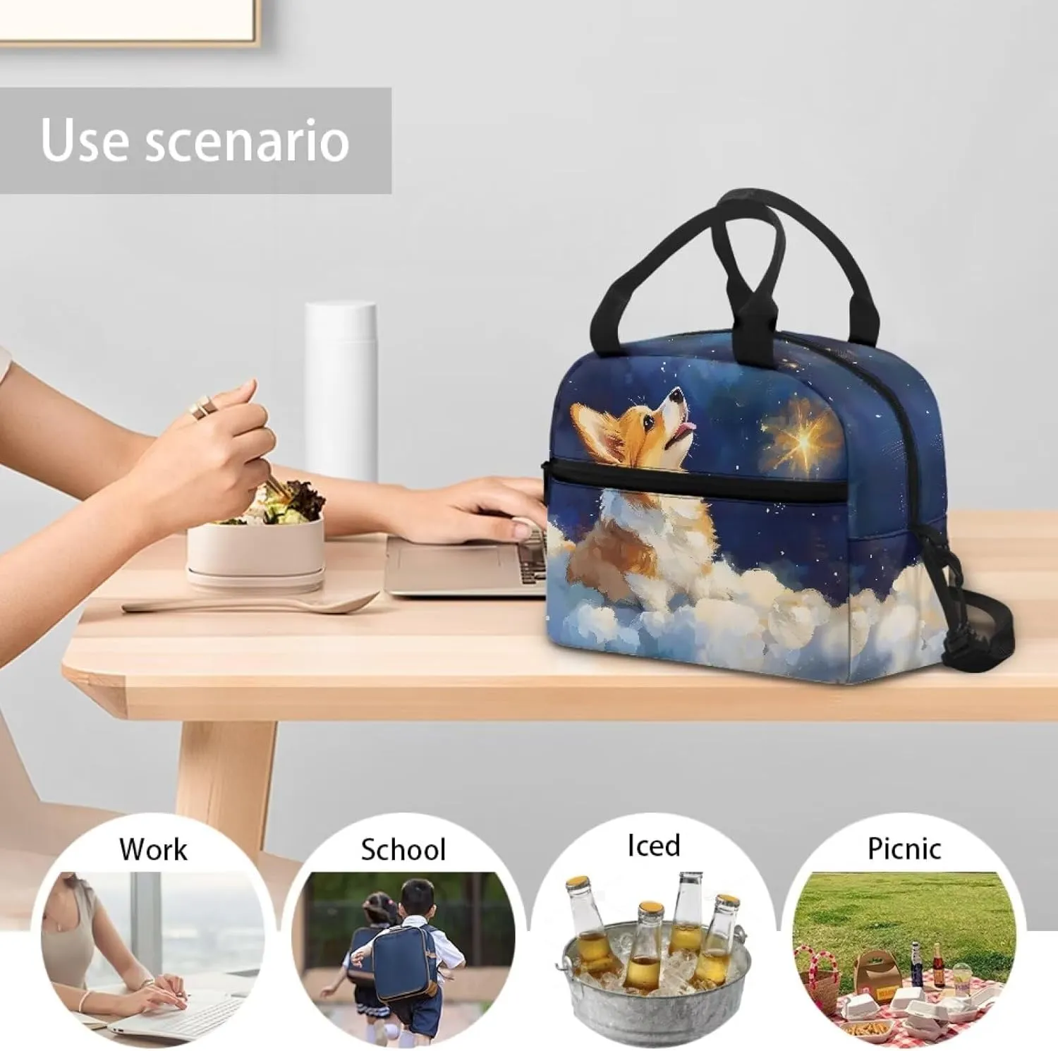 Corgi Lunch Bag Cooler Kawaii Animal Lunchbag with Detachable Shoulder Strap Reusable Lunchbox Pouch for Teens Girls Pratical Lunch Box Bags