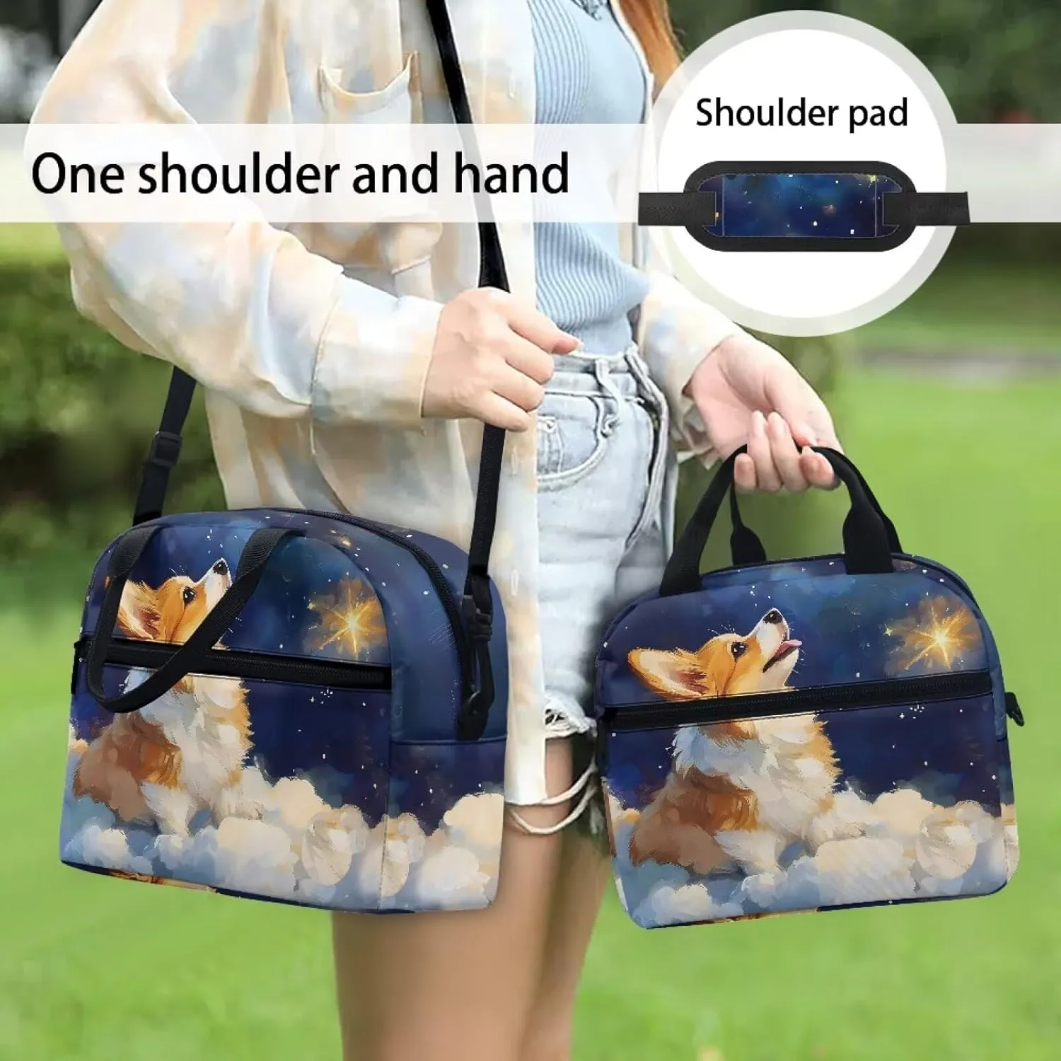 Corgi Lunch Bag Cooler Kawaii Animal Lunchbag with Detachable Shoulder Strap Reusable Lunchbox Pouch for Teens Girls Pratical Lunch Box Bags