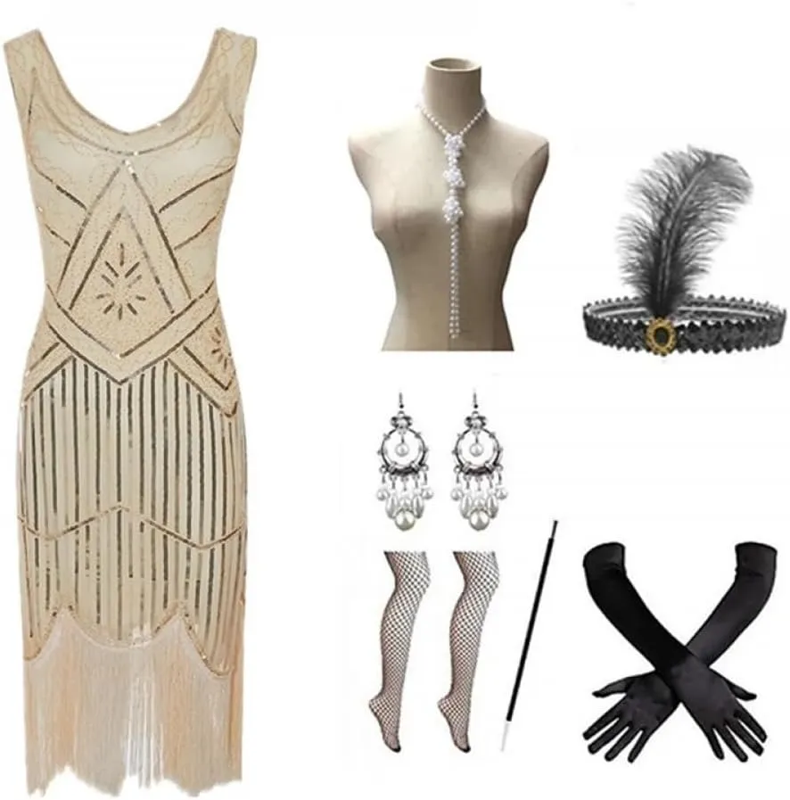 Cos-Animefly Women Vintage 1920s Dress Fringed Great 1920 Dress V Neck Beaded Fringed Dress Vintage Disco Hawaiian Clothes
