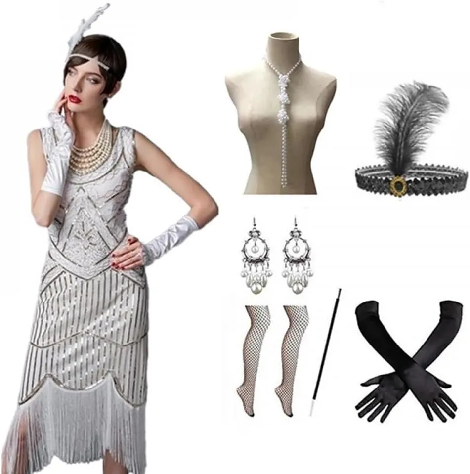 Cos-Animefly Women Vintage 1920s Dress Fringed Great 1920 Dress V Neck Beaded Fringed Dress Vintage Disco Hawaiian Clothes