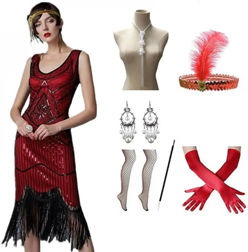 Cos-Animefly Women Vintage 1920s Dress Fringed Great 1920 Dress V Neck Beaded Fringed Dress Vintage Disco Hawaiian Clothes