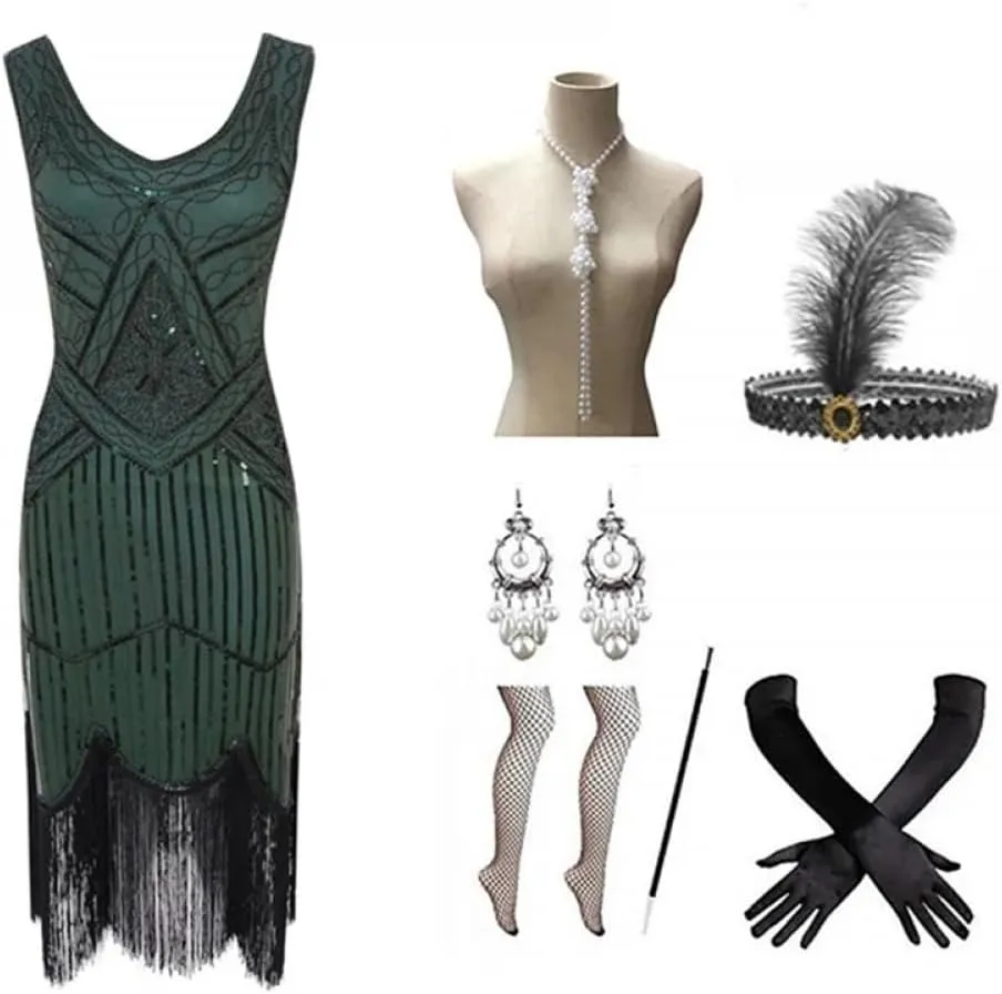 Cos-Animefly Women Vintage 1920s Dress Fringed Great 1920 Dress V Neck Beaded Fringed Dress Vintage Disco Hawaiian Clothes