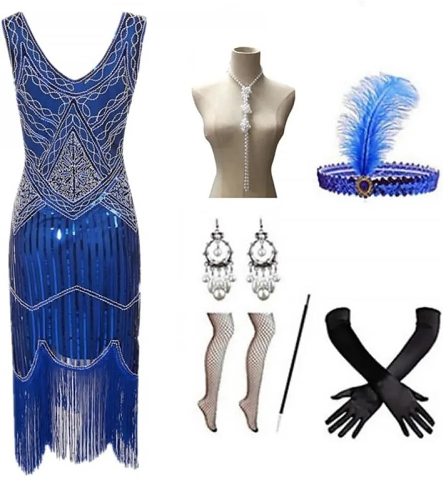Cos-Animefly Women Vintage 1920s Dress Fringed Great 1920 Dress V Neck Beaded Fringed Dress Vintage Disco Hawaiian Clothes