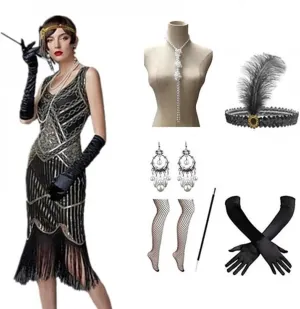Cos-Animefly Women Vintage 1920s Dress Fringed Great 1920 Dress V Neck Beaded Fringed Dress Vintage Disco Hawaiian Clothes