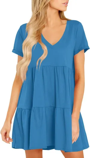 Cosonsen Womens Summer Casual Dresses 2025 Short Sleeve V-Neck Tshirt Dress Flowy Babydoll Dress