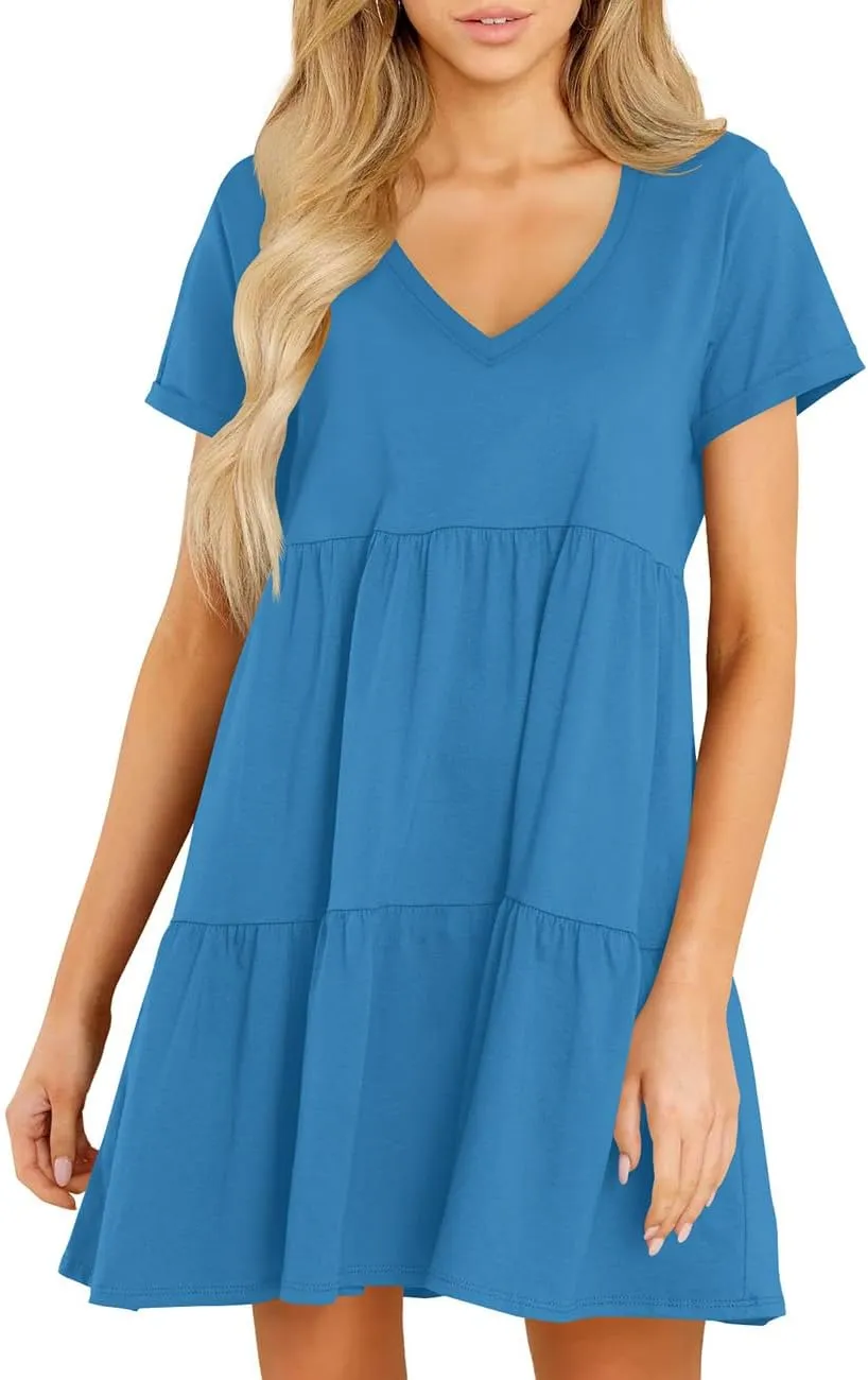Cosonsen Womens Summer Casual Dresses 2025 Short Sleeve V-Neck Tshirt Dress Flowy Babydoll Dress