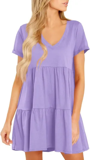 Cosonsen Womens Summer Casual Dresses 2025 Short Sleeve V-Neck Tshirt Dress Flowy Babydoll Dress