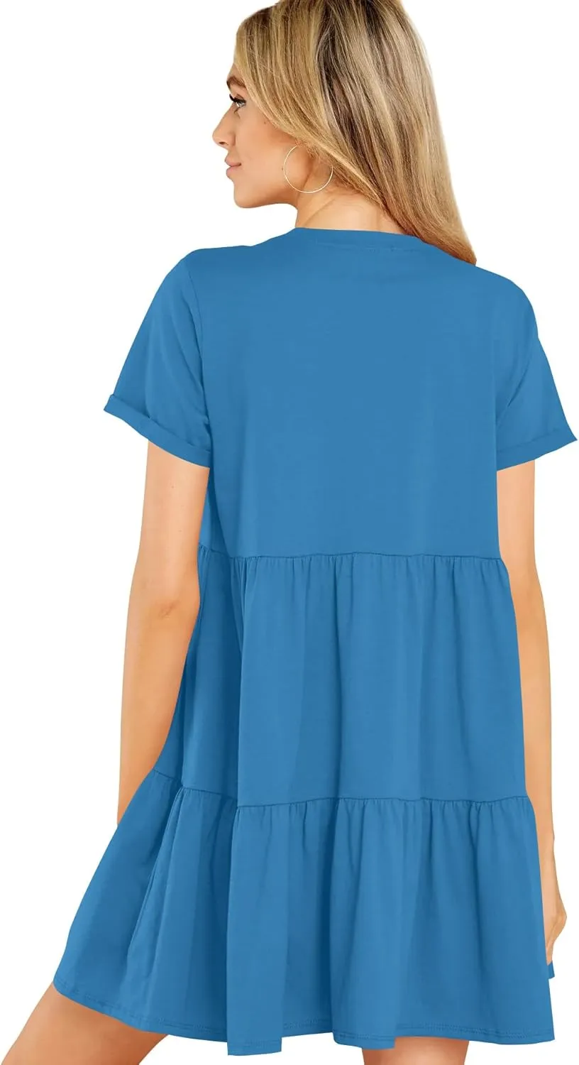 Cosonsen Womens Summer Casual Dresses 2025 Short Sleeve V-Neck Tshirt Dress Flowy Babydoll Dress