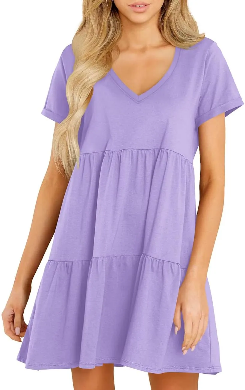 Cosonsen Womens Summer Casual Dresses 2025 Short Sleeve V-Neck Tshirt Dress Flowy Babydoll Dress