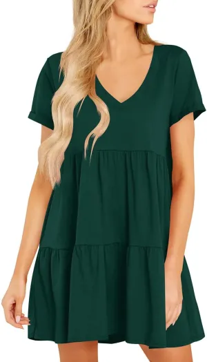 Cosonsen Womens Summer Casual Dresses 2025 Short Sleeve V-Neck Tshirt Dress Flowy Babydoll Dress