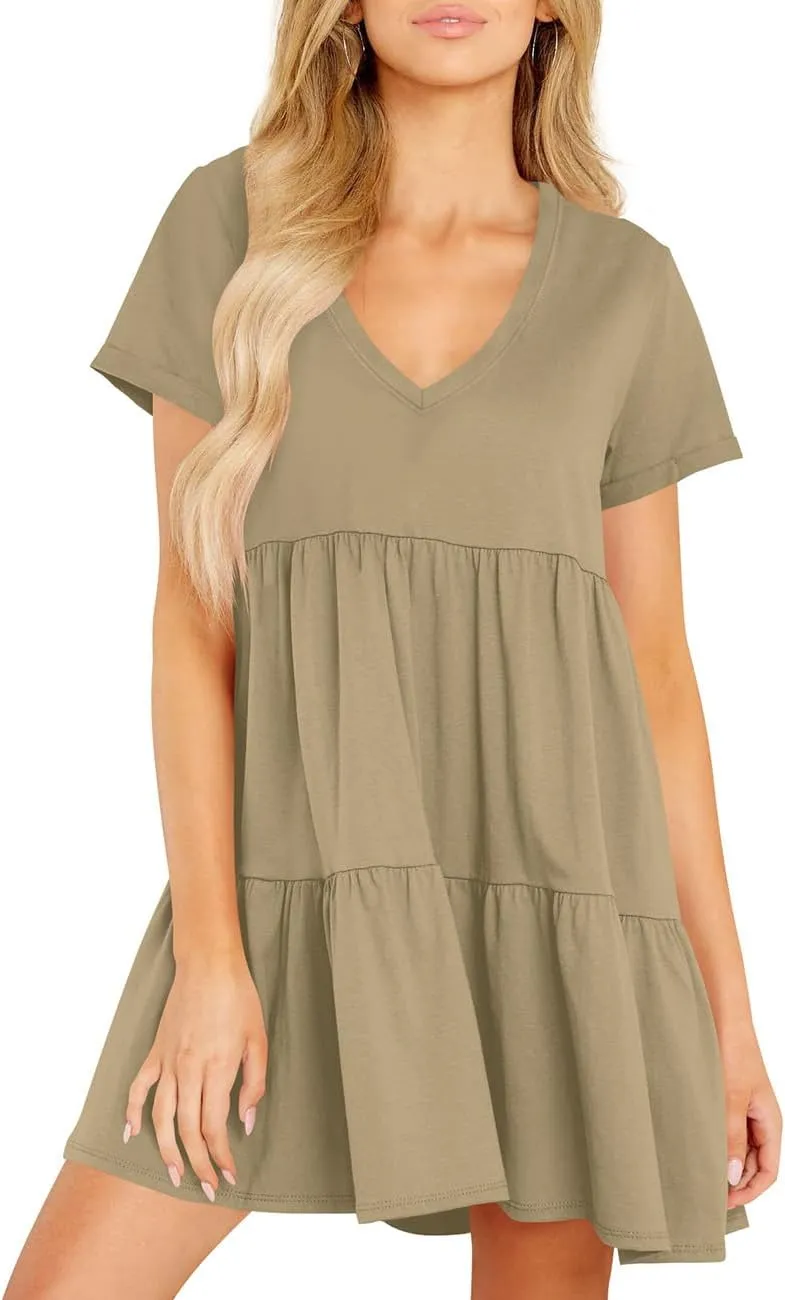 Cosonsen Womens Summer Casual Dresses 2025 Short Sleeve V-Neck Tshirt Dress Flowy Babydoll Dress
