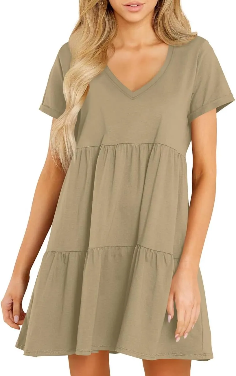 Cosonsen Womens Summer Casual Dresses 2025 Short Sleeve V-Neck Tshirt Dress Flowy Babydoll Dress